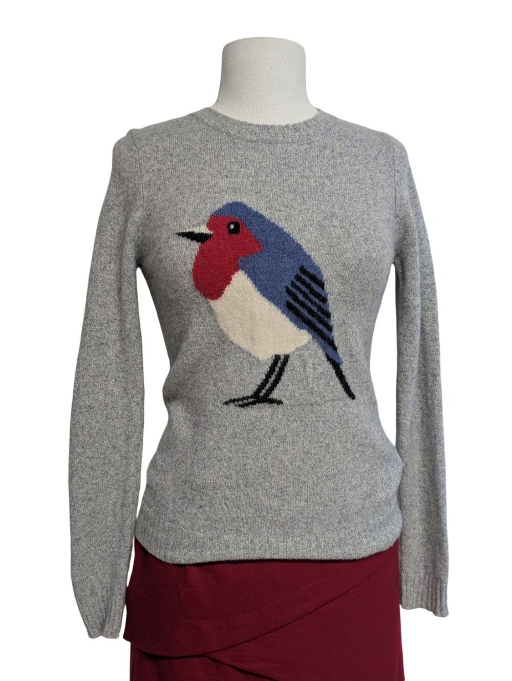 Telluride Extra Fine Merino Wool Crewneck Robin Bird Motif Sweater Size S*
